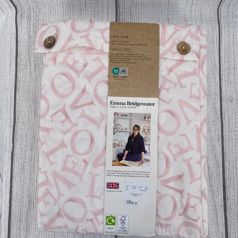 Emma Bridgewater Sheet Set QUEEN Love Pink 100% Cotton Percale Script Pastel